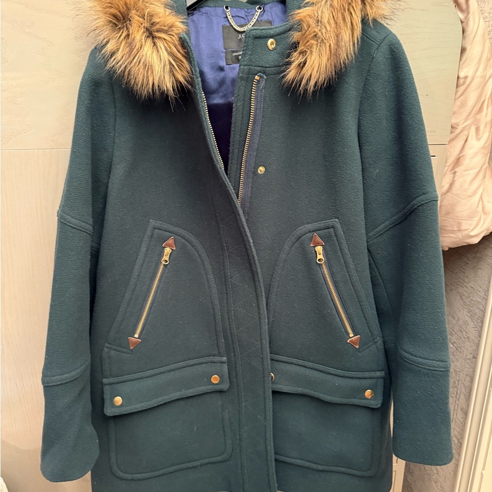 J. Crew Forest Green Wool Jacket with Faux Fur Hood